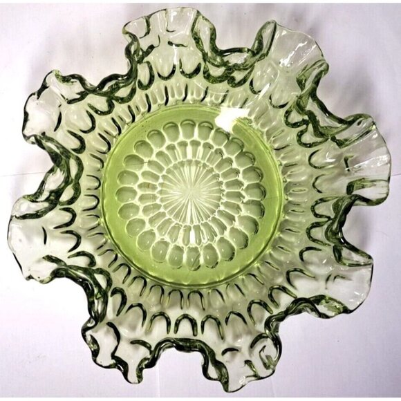 Vintage Fenton Colonial Green Ruffle Edge Thumbprint Pattern Glass Bowl - Picture 1 of 6